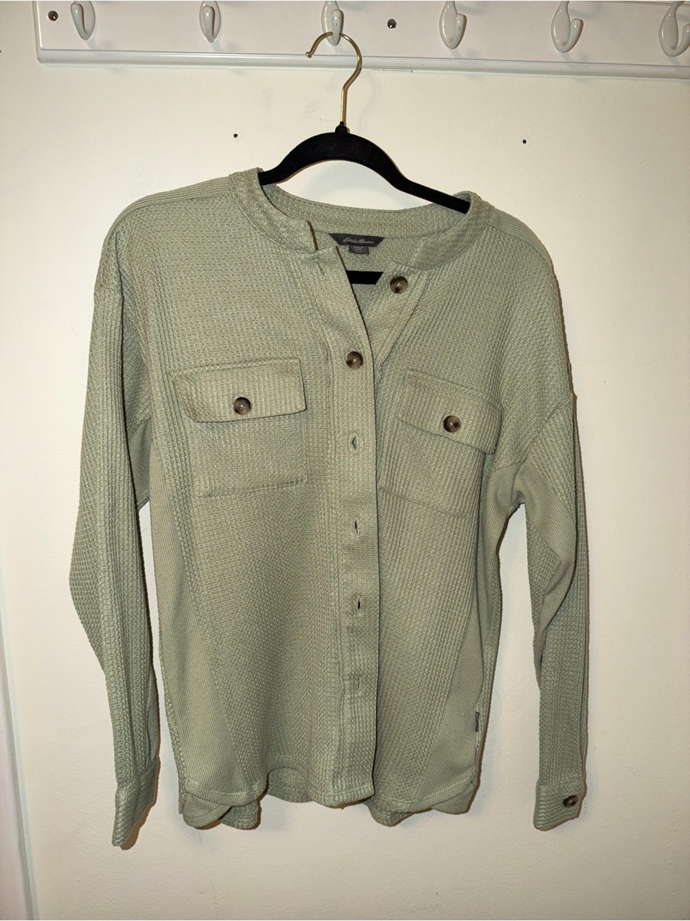 Eddie Bauer Sage Green Waffle Knit Button-Front Sweater